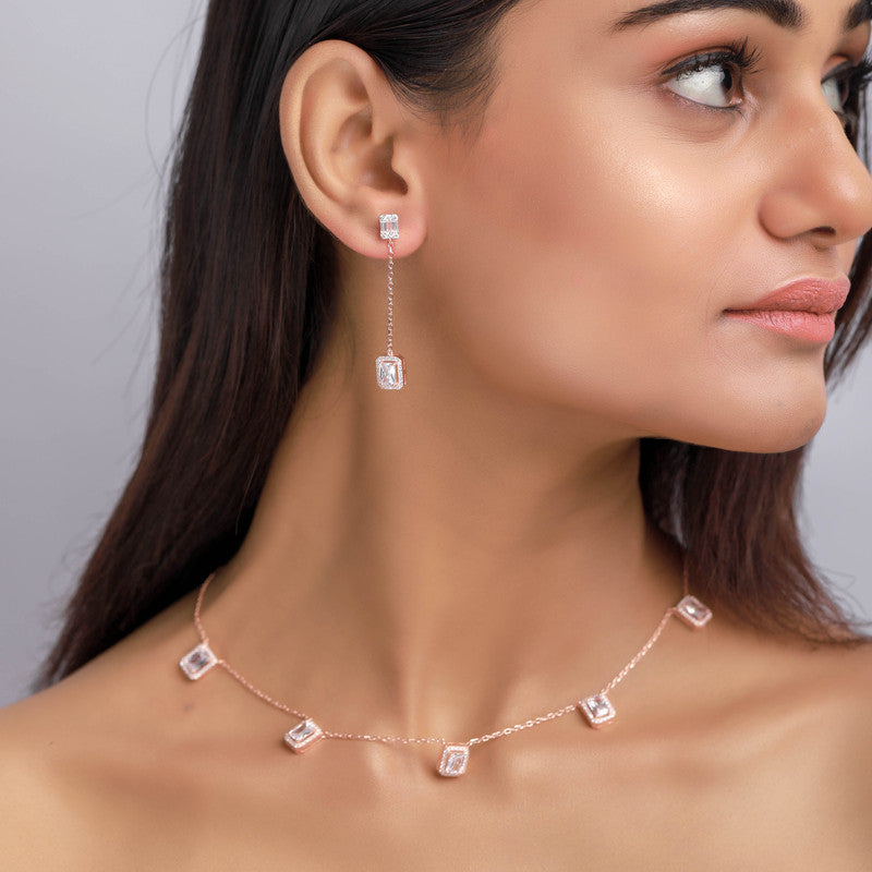 Model wearing Square Rose Gold Necklace and Earrings – Navratri jewelry set for graceful ethnic style