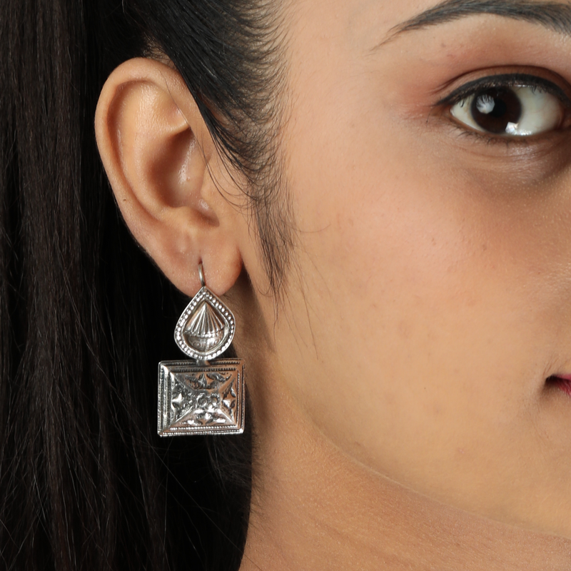Model wearing 925 Silver Teardrop & Square Earrings – lightweight, stylish, and elegant sterling silver jewellery for women.