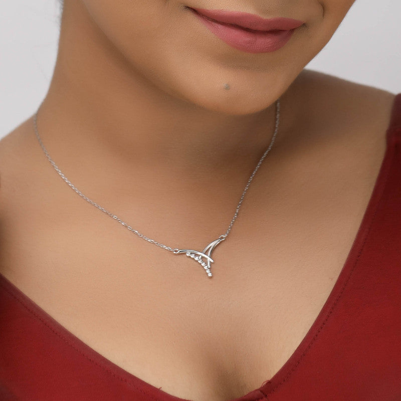 Festive styling with 925 Silver V-Shape Pendant – chic silver accessory for ethnic and western outfits.