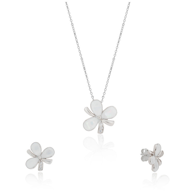 925 silver white flower pendant set photographed on plain white background