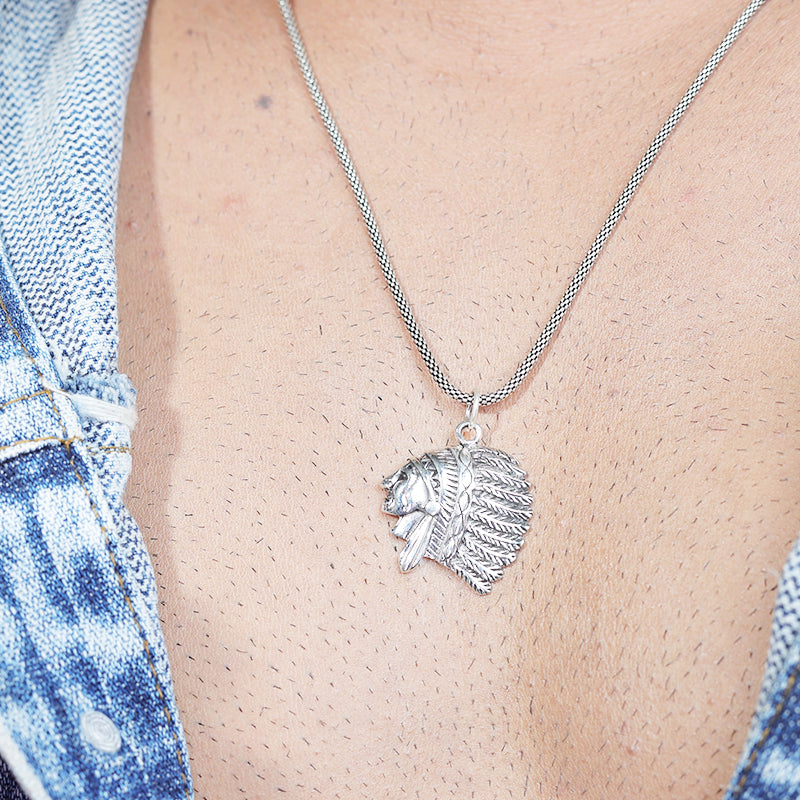 Man wearing 925 Silver Chief Pendant Necklace with Bold Tribal Design