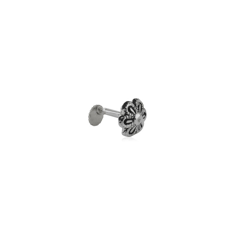 925 Sterling Silver Flower Nose Stud on white background – elegant silver nose jewelry