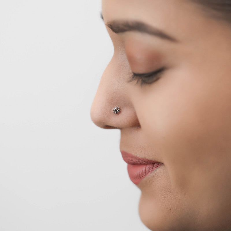Woman wearing 925 Sterling Silver Mohak Nose Pin styled on nose