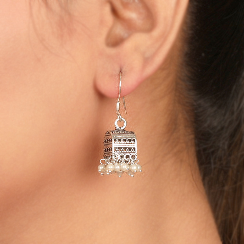 925 silver ball tassel jhumka earrings on model – elegant ethnic accessory for weddings, Karwa Chauth, and festive celebrations