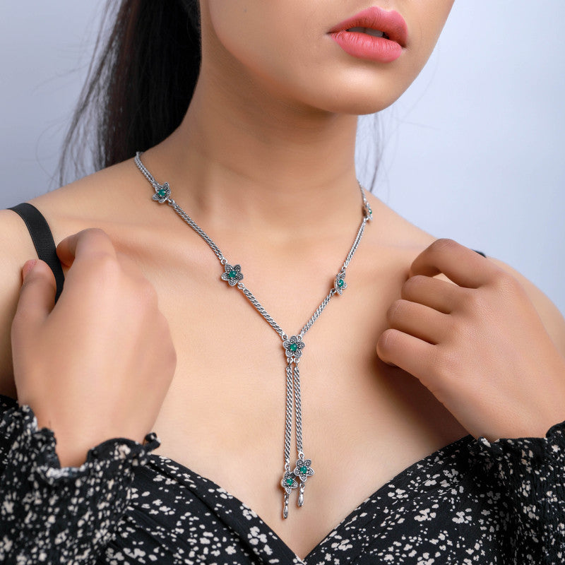 Woman wearing 925 silver cubic zirconia pendant necklace — stylish silver jewellery gift for weddings and Karwa Chauth.