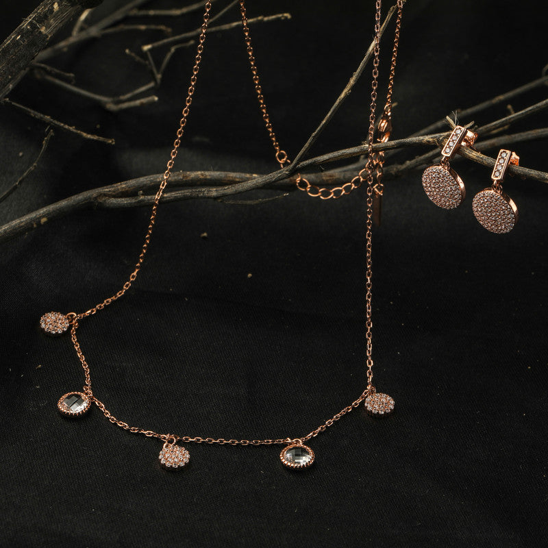 Glamorous silver and rose gold disc necklace shining beautifully, perfect for Diwali or festive nights.