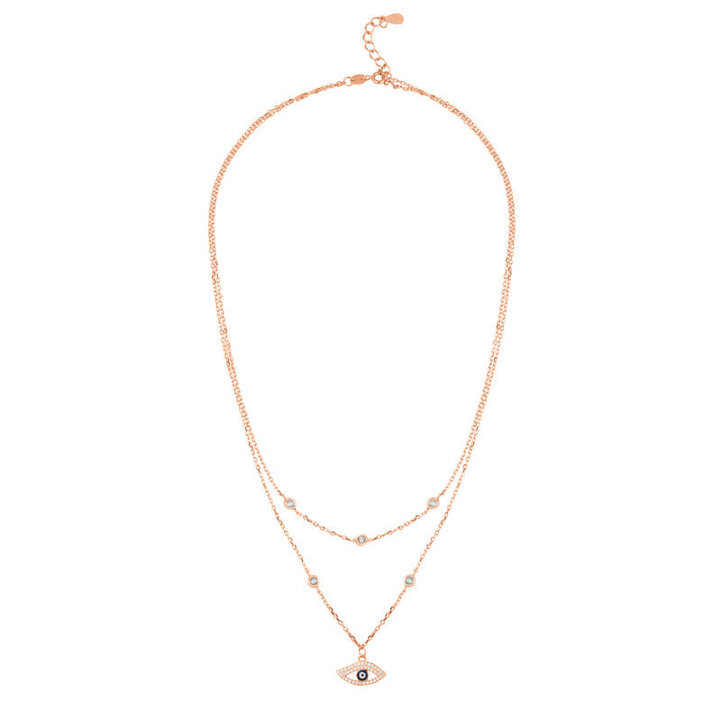 Elegant 925 silver evil eye layered rose gold necklace, a protective festive jewellery piece perfect for gifting.