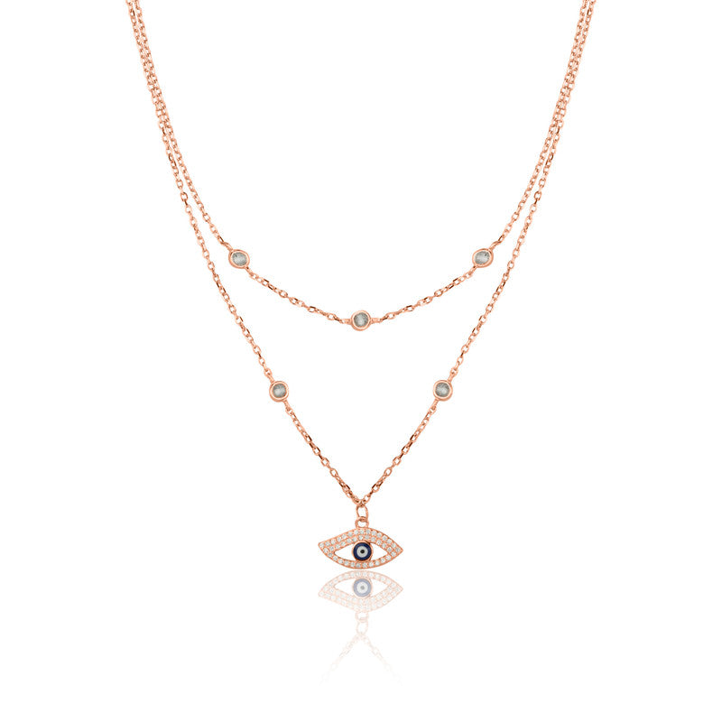 Delicate evil eye layered rose gold silver necklace, a meaningful festive jewellery gift for her.
