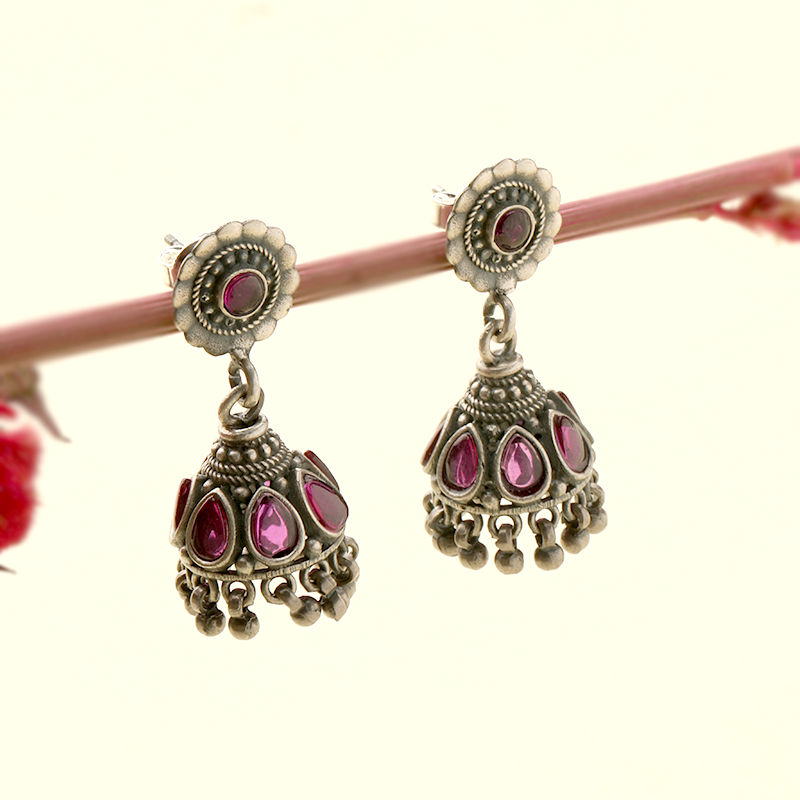 925 silver floral antique jhumka earrings on model – elegant ethnic accessory for weddings, Karwa Chauth, and cultural celebrations