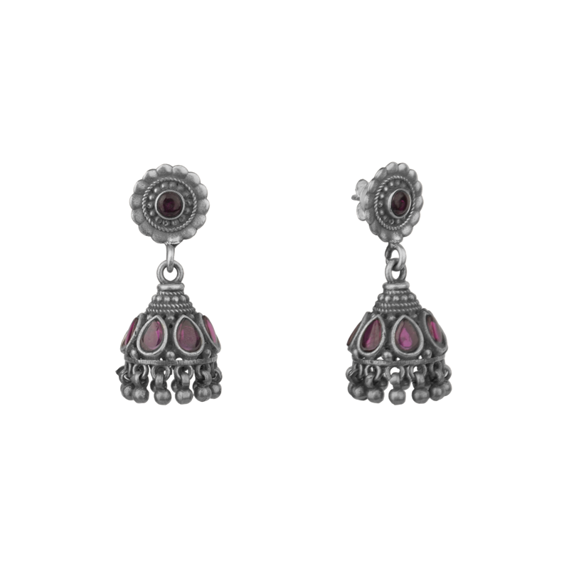 Classic 925 silver floral antique jhumka earrings close up image