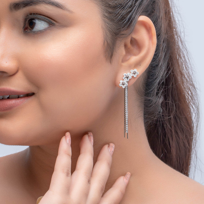 Trendy 925 silver floral tassel earrings on model – perfect festive jewellery for Karva Chauth, Raksha Bandhan, and parties.