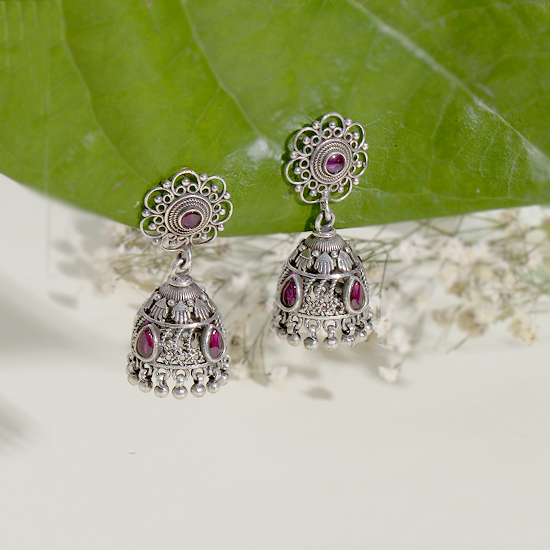 925 silver flower jhumka earrings on model – elegant ethnic accessory for weddings, Karwa Chauth, and festive celebrations