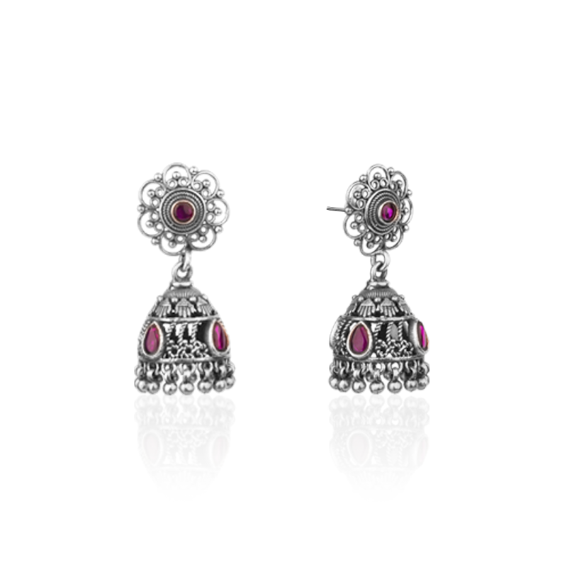 Classic 925 silver flower jhumka earrings close up image