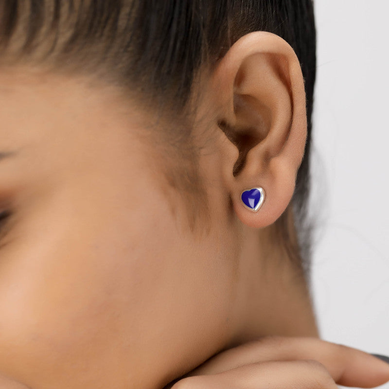 Trendy 925 silver heart stud earrings on model – perfect festive jewellery for Karva Chauth, Raksha Bandhan, and parties.