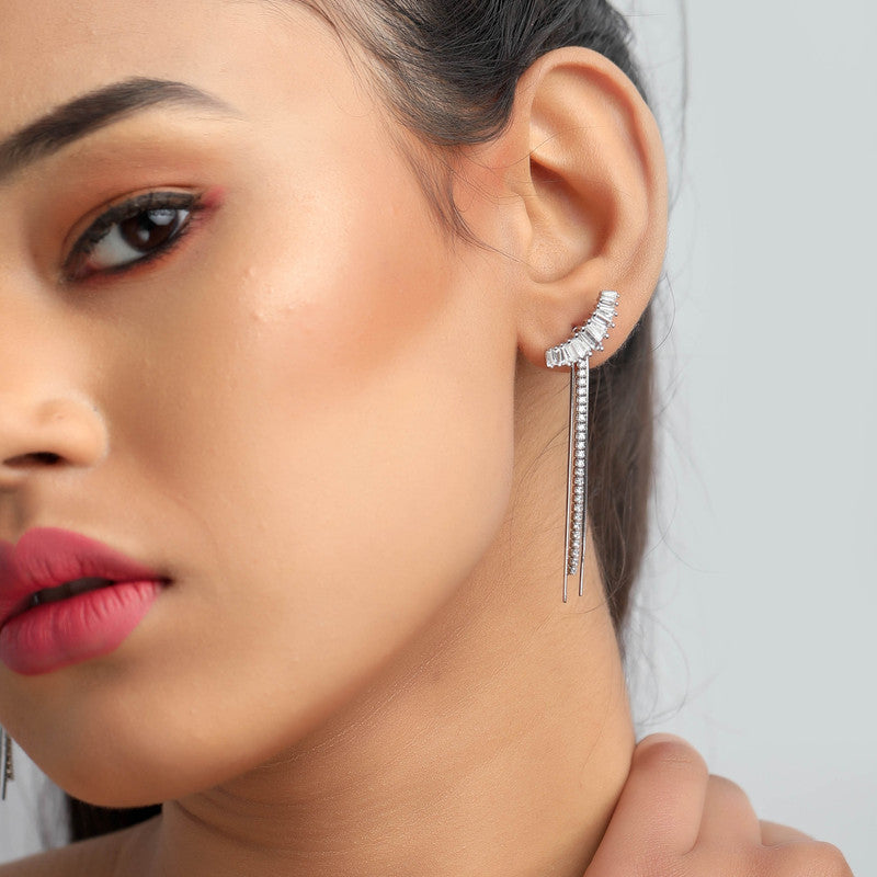 Trendy 925 silver long tassel earrings on model – perfect festive jewellery for Karva Chauth, Raksha Bandhan, and parties.
