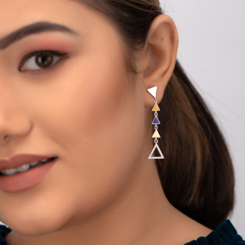Trendy 925 silver multicolor triangle earrings on model – perfect festive jewellery for Karva Chauth, Raksha Bandhan, and parties.