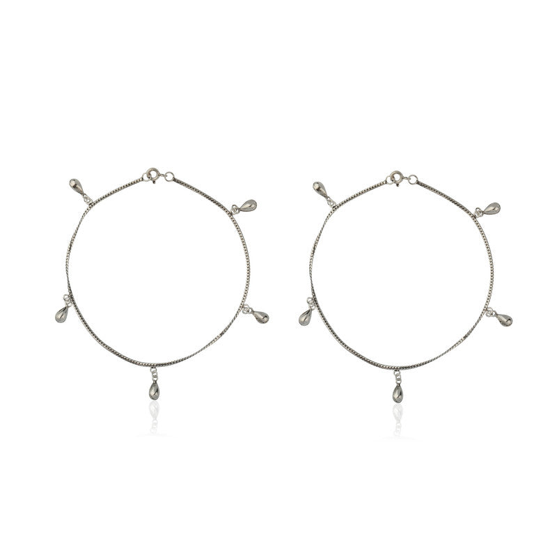 925 silver oval drop anklet with sleek charm, elegant Diwali gift for women.