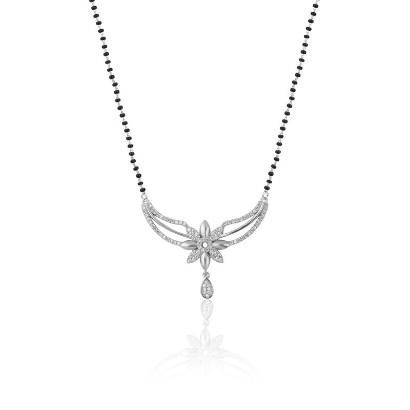 925 silver petals mangalsutra for women – elegant festive jewellery for Diwali, Karva Chauth, and wedding celebrations.