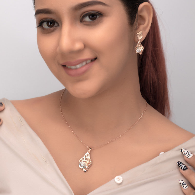 Woman wearing silver rose gold jelly pendant, stylish accessory for parties and festivals.