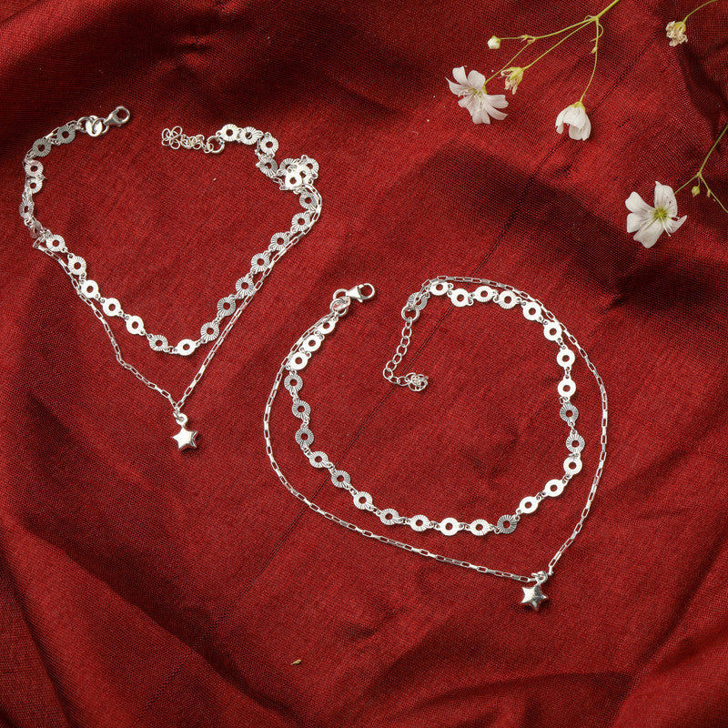 Shimmering 925 silver layered star anklet, radiant accessory for Karwa Chauth and Diwali wear.