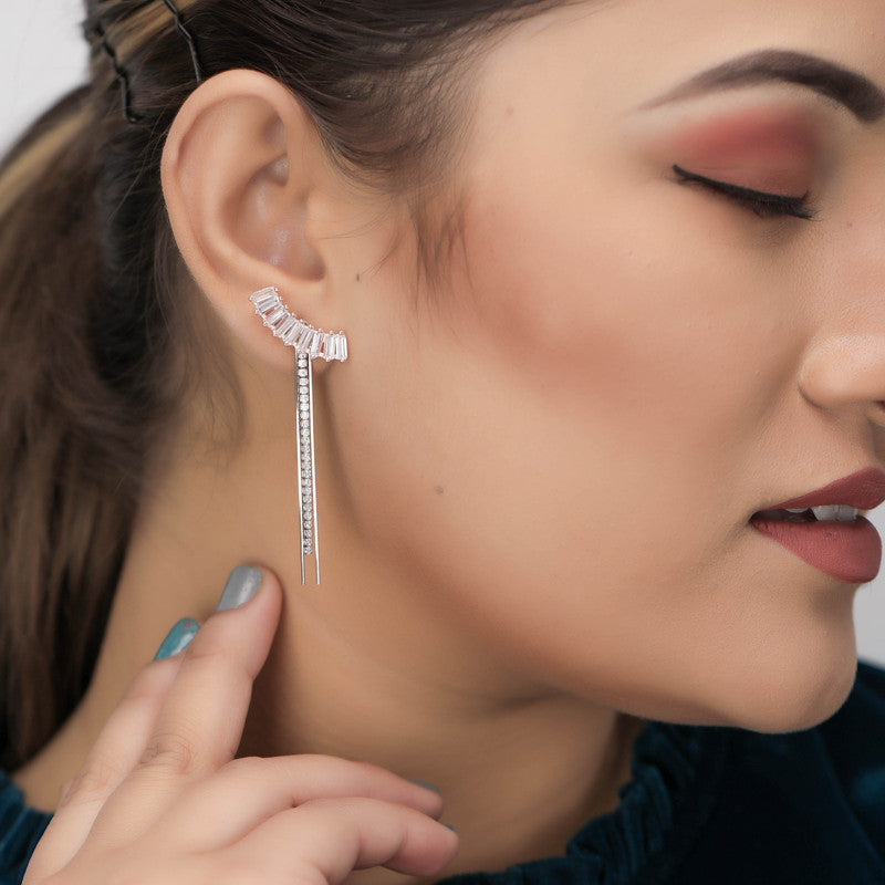 Trendy 925 silver tassel drop earrings on model – perfect festive jewellery for Karva Chauth, Raksha Bandhan, and parties