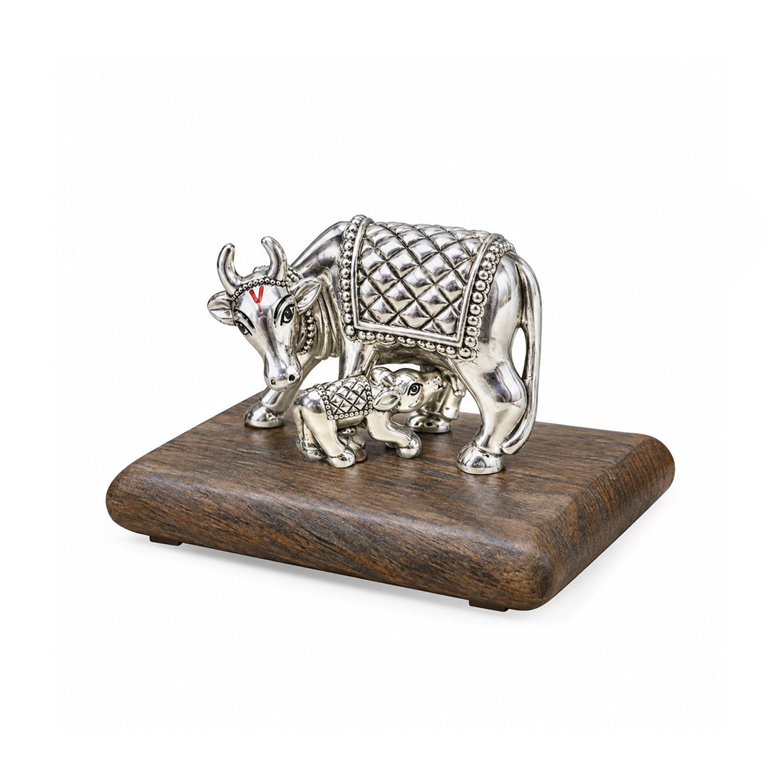 999 Pure Silver Cow and Calf 3D Idol Set With Wooden Platform