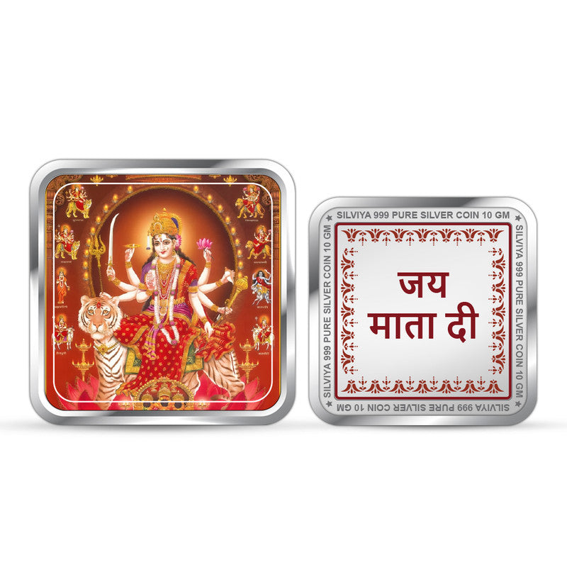 Durga Mata 999 Pure Silver Square Coin – Front and Back View