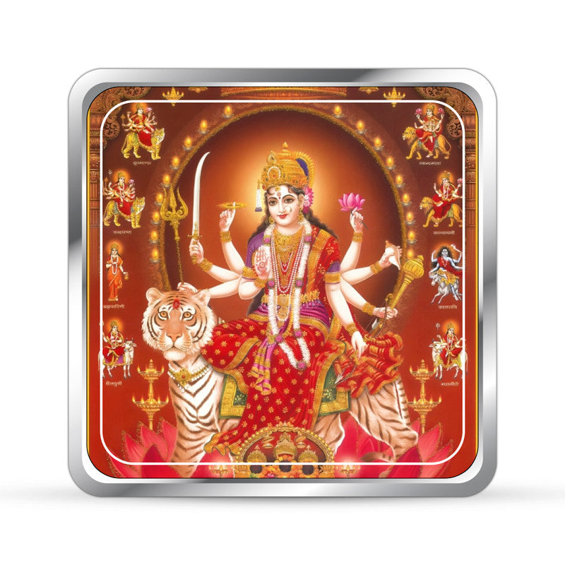 Pure Silver Square Coin Featuring Durga Mata – Front Design Close-Up