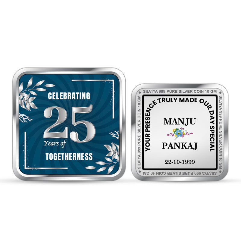 25th Anniversary 999 Pure Personalized Silver Square Coin with Couple Photo