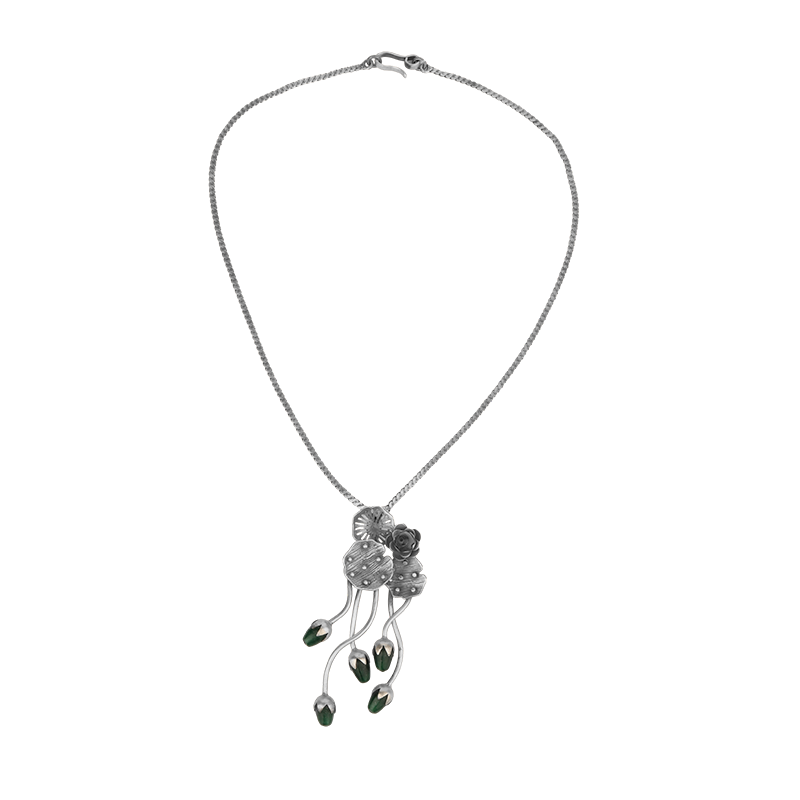 Antique silver lotus pendant necklace in 925 sterling with oxidised ethnic finish