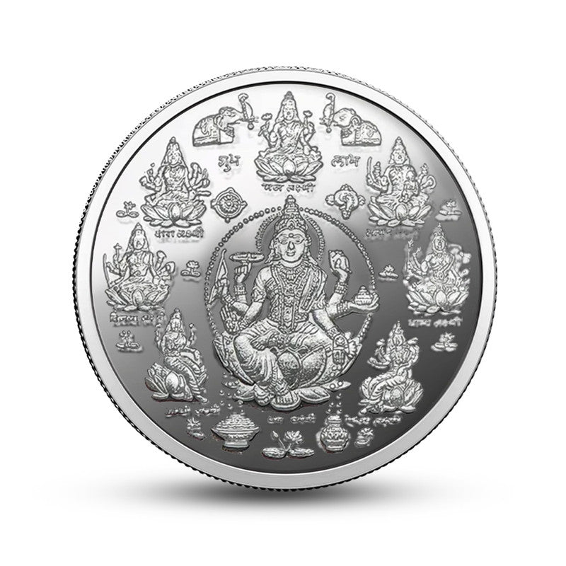 Ashta Lakshmi Yantra 999 pure silver round coin for Diwali wealth and prosperity.