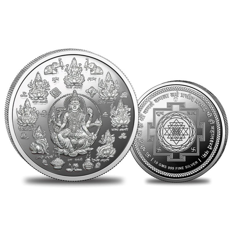 Ashta Lakshmi Yantra 999 pure silver round coin for Diwali wealth and prosperity.