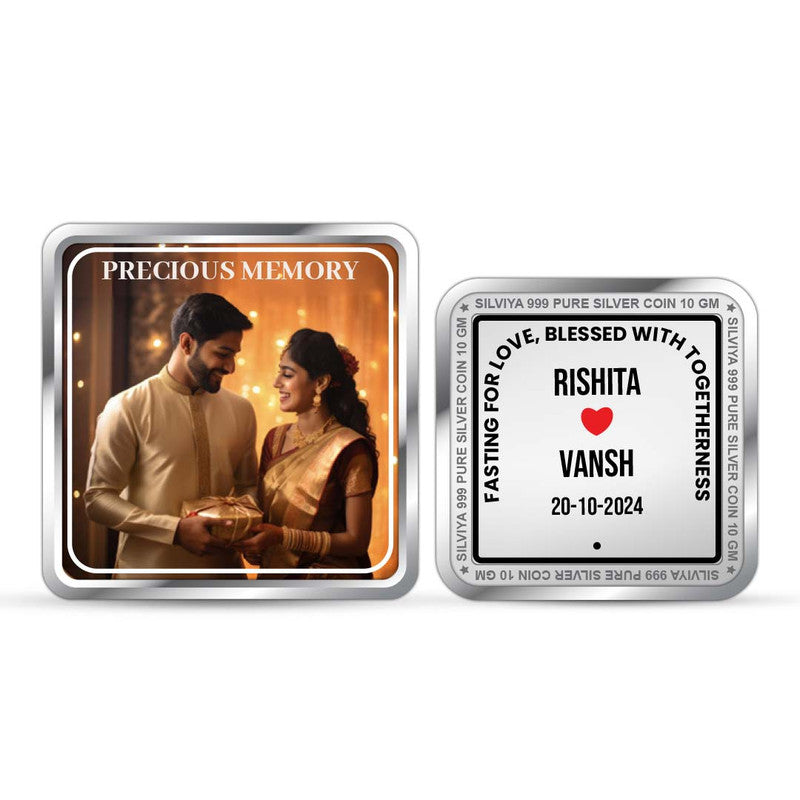 Karva Chauth Special Personalized 999 Pure Silver Square Coin with Couple Photo