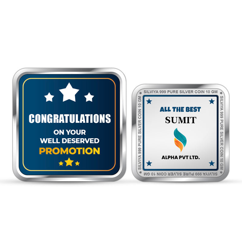 Front and backside of square 999 pure silver personalised corporate promotion coin.