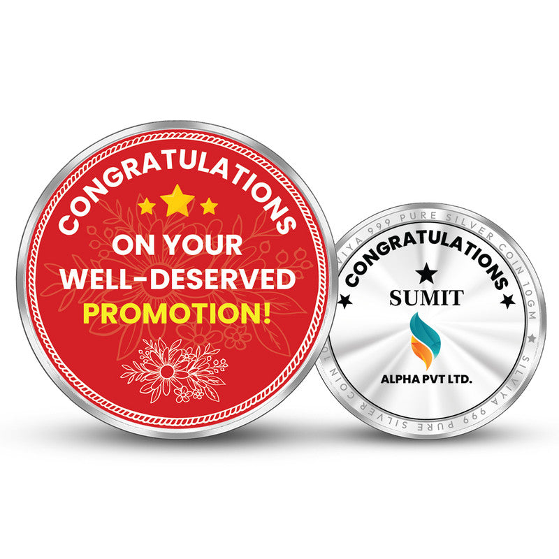 Front and backside of round 999 pure silver personalised corporate promotion coin.