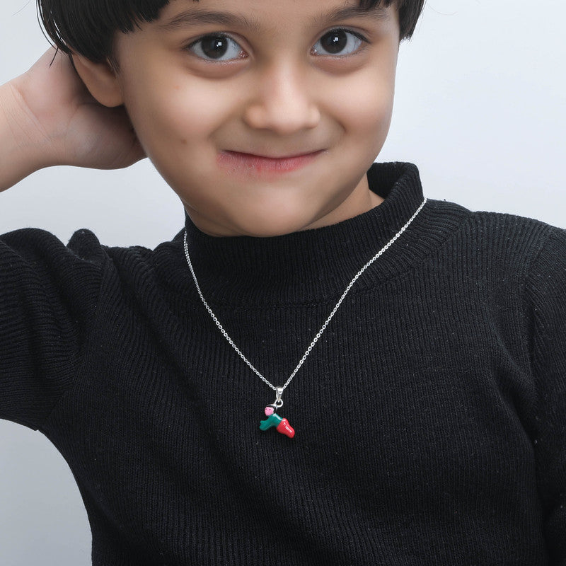 Child wearing Baby Angel Silver Pendant with Red Heart Charm Necklace