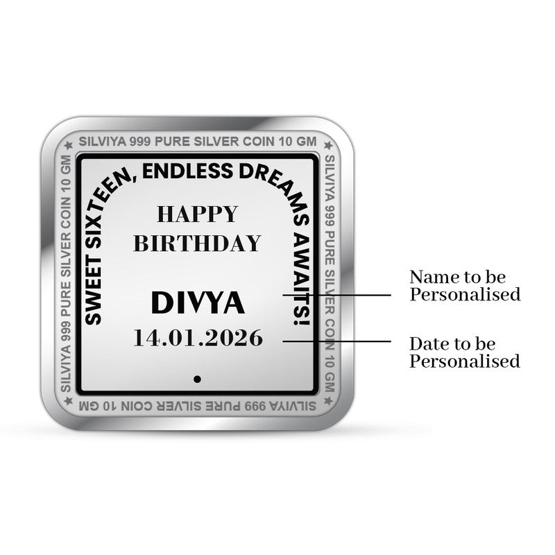 Back Design of Happy 16th Birthday Customized 999 Pure Silver Square Coin