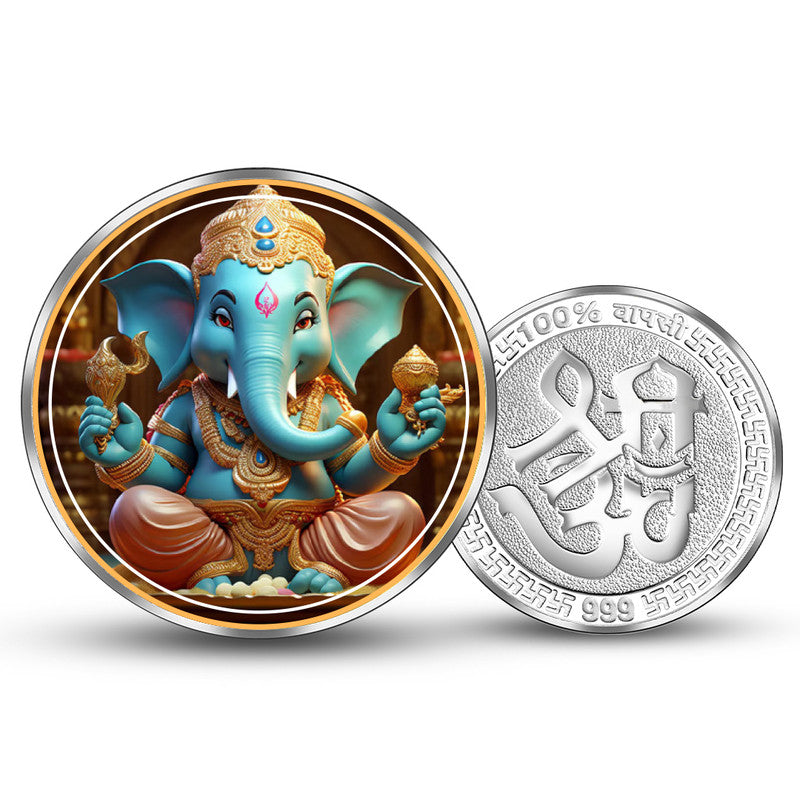 Bal Ganesha 999 pure silver coin in round shape for gifting and religious occasions.