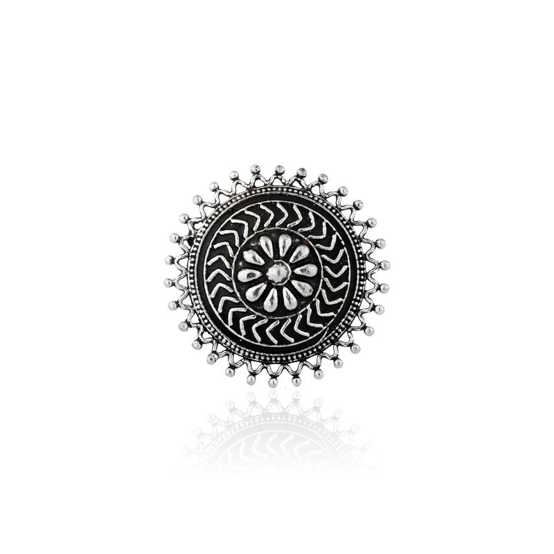 Close-up of Beautiful Chakra Antique Ring 925 Silver – traditional oxidised silver festive jewellery design