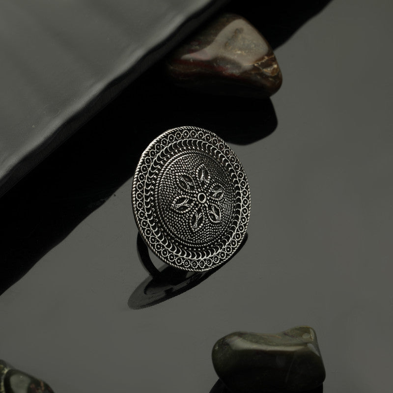 Big Chakra Antique Ring in 925 Silver displayed on festive prop – Raksha Bandhan and Bhai Dooj gift idea