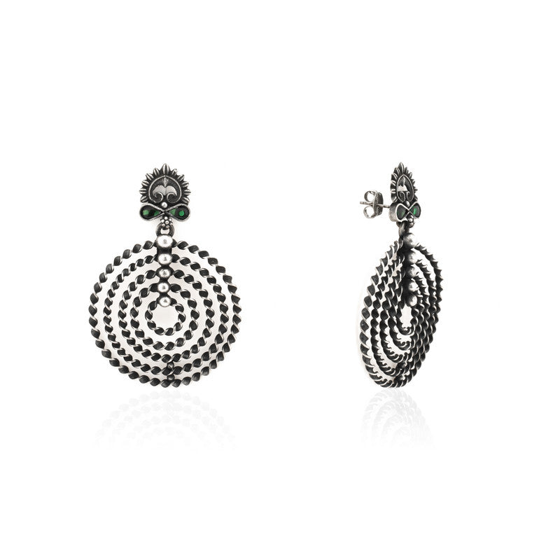close-up image Designer Oxidized Silver Floral Tassel Earrings