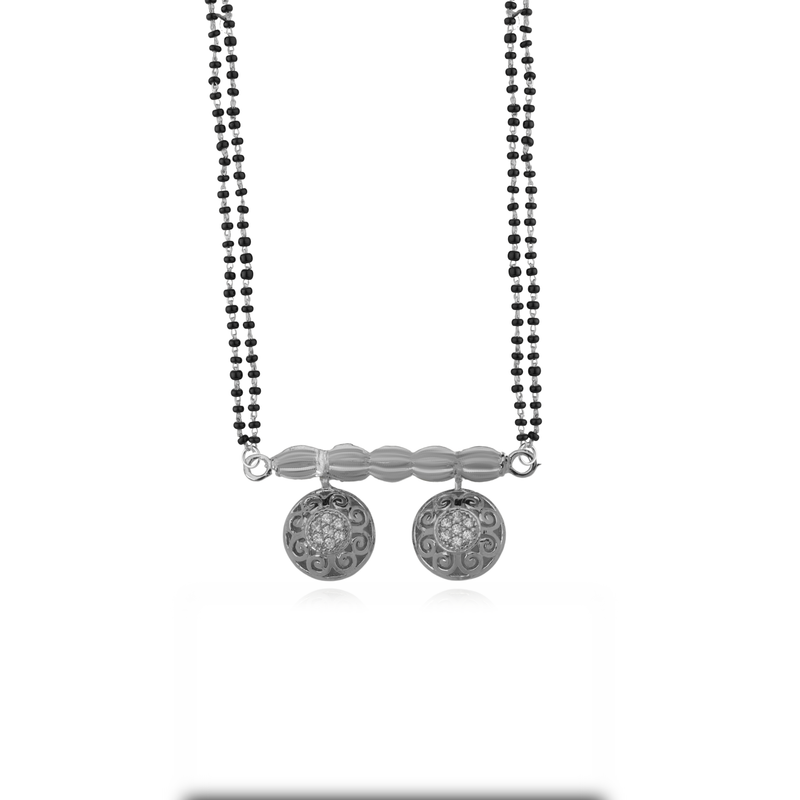 925 Silver Divine Duo Mangalsutra with heart-shaped pendant and black beaded chain, perfect for daily wear and gifting.