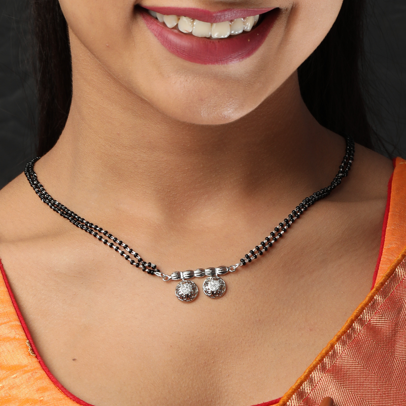 Model wearing 925 Silver Divine Duo Mangalsutra – elegant and lightweight pendant necklace for women.
