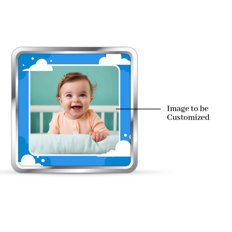 Square 999 silver coin with customised new born baby welcome design.