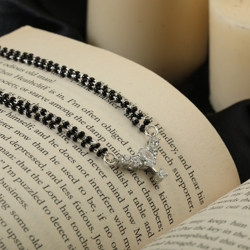 925 Silver Forever Fusion Mangalsutra displayed on festive background – traditional silver jewellery with graceful design.