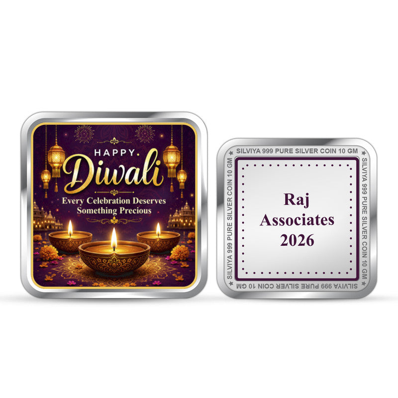 Front and Back Design of Diwali Customized 999 Pure Silver Square Coin