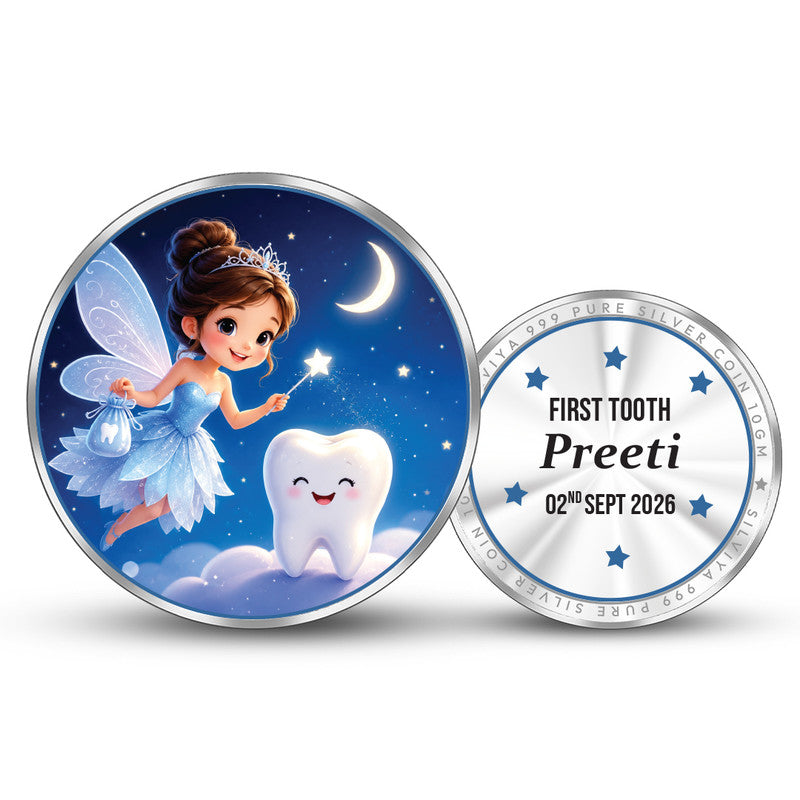 Front and Back Design of Tooth Fairy Personalized 999 Pure Silver Round Coin