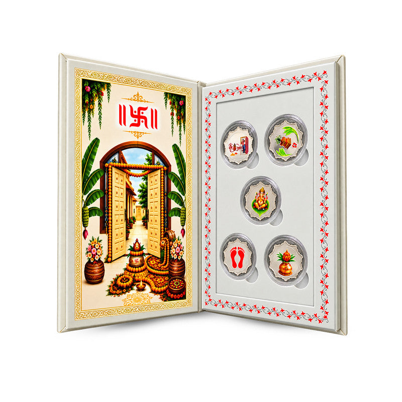 Grah Pravesh 999 pure silver five coin set with gift box