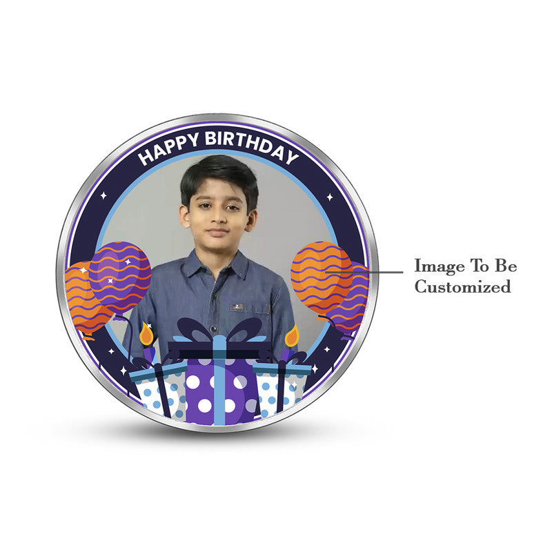 Round 999 silver birthday coin with customised photo design.