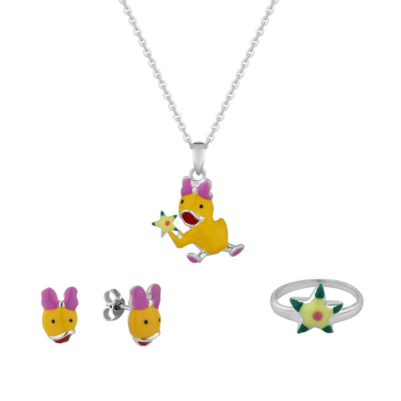Kids Daisy Jewelry Set in 925 Silver with White and Yellow Enamel Pendant Necklace and Earrings